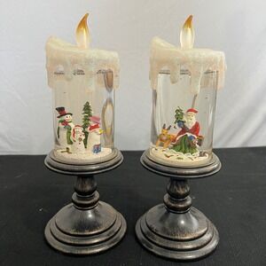 Set of 2 Christmas Snow Globe LED Candles Santa Snowman Pedestal 10.5 Inch